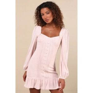 NWT Lulus Coveted Sweetness Pointelle Knit Long Sleeve Mini Dress Large Pink